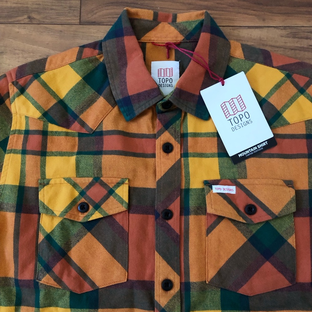 Topo Designs Men’s Mountain Shirt in Brick/Mustard plaid, size men’s S, NWT
